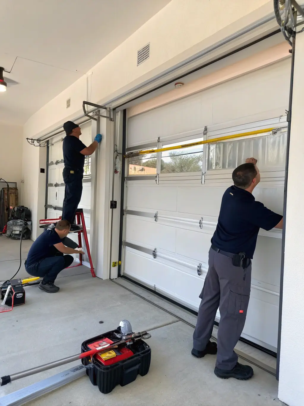 A technician performing a safety inspection on a garage door, checking the springs and cables for wear and tear, ensuring smooth and safe operation.