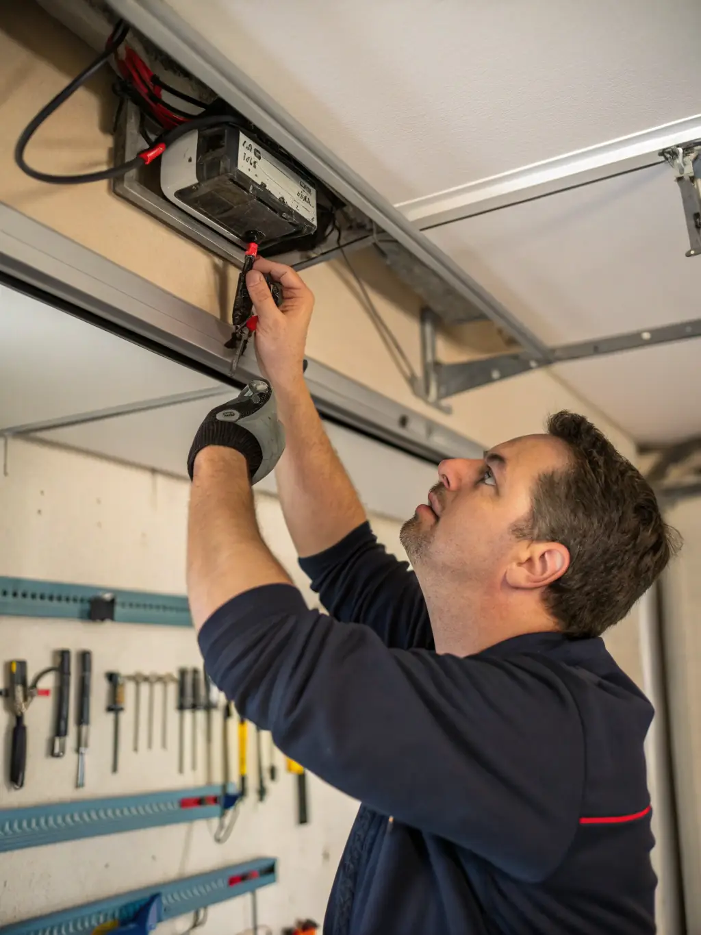 A close-up shot of a technician repairing a garage door opener, focusing on the intricate components and the precision required for the repair.