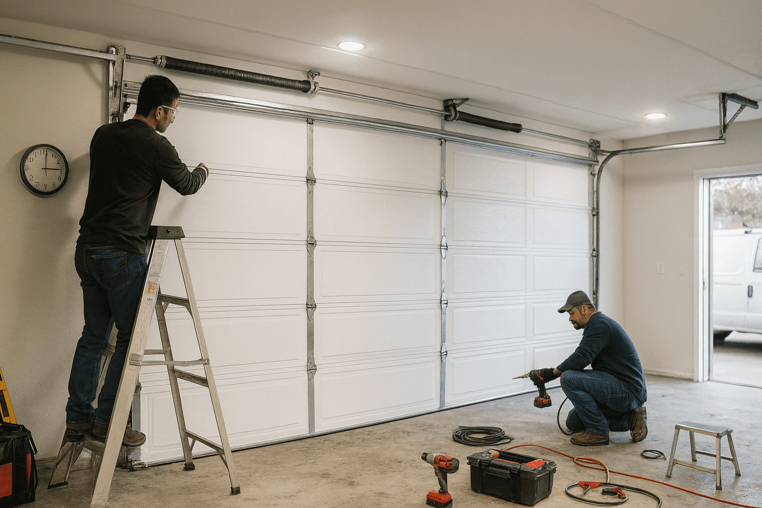 Two SafeNest technicians installing a white sectional garage door inside a residential garage in Dallas, TX